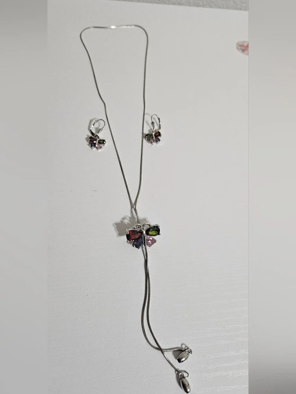 Multicolor Crystal Butterfly Necklace and Earring Set - Silver-Tone